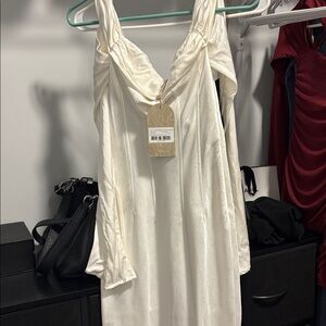 MESHKI Off the Shoulder Satin Maxi Dress